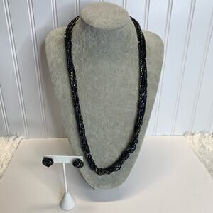 Black Irridescent Beaded Multistrand Necklace Button Earrings 30"   3/4"